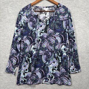 J Jill Womens Top XS Paisley Print Rayon Long Sleeve Boho Tassels‎